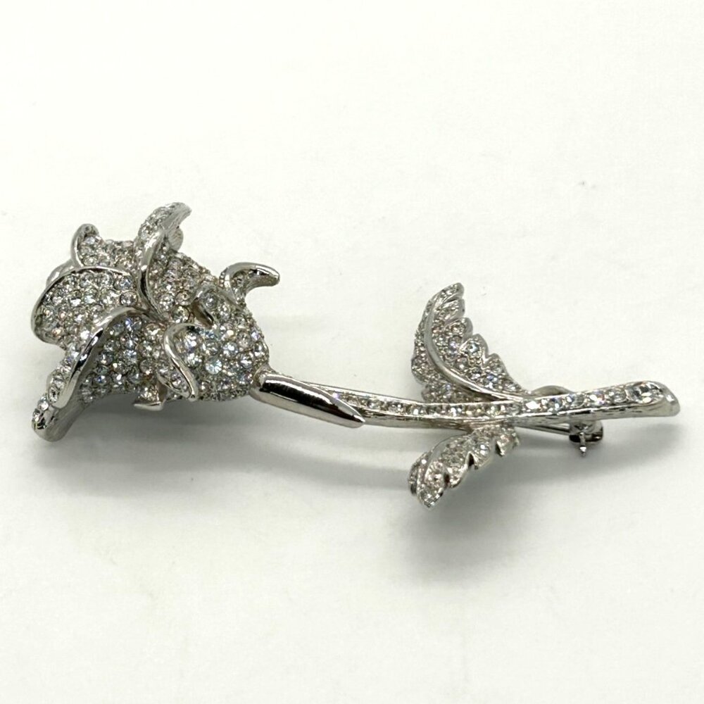 Nolan Miller Anniversary Rose Brooch Pin Pave Rhinestone Silver Tone Vintage - Picture 4 of 16